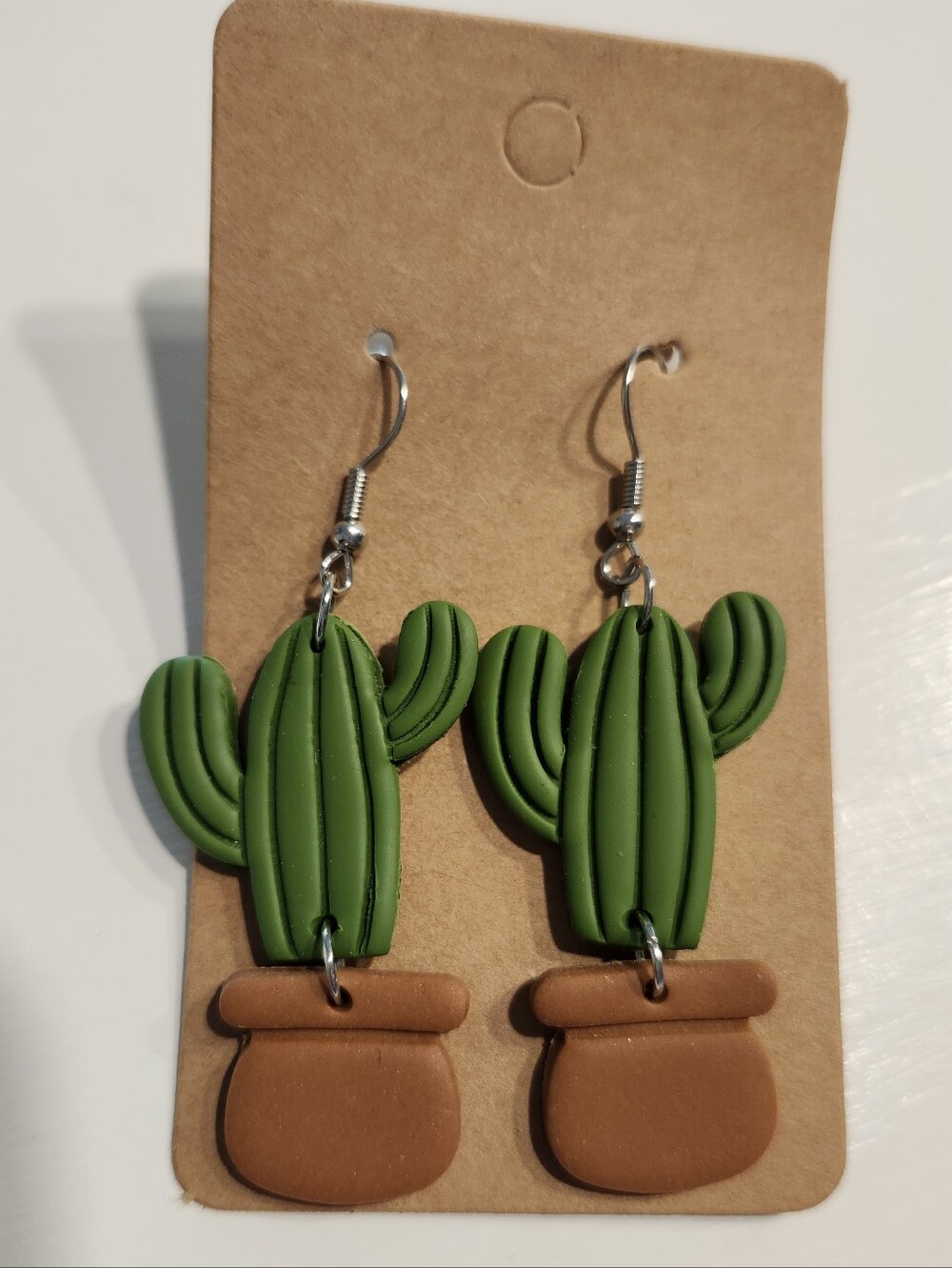 Handmade Clay Green Cactus Pot Dangle Earrings